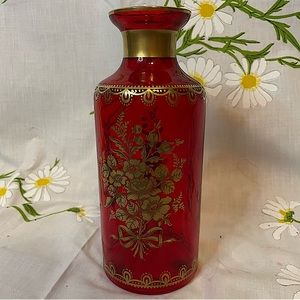 Victorian Bohemian Ruby Red Glass Vase Hand Blown and Painted 24k Gold Flowers